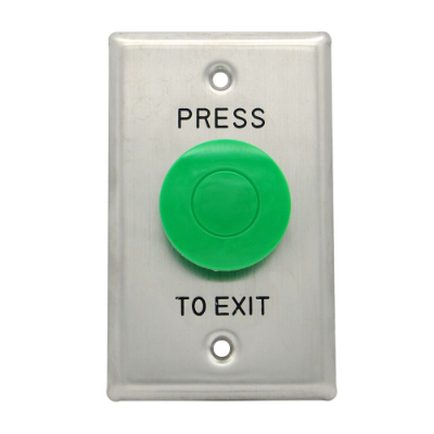 Exit Button, Big Mushroom, Green, Standard Stainless Steel Plate, Momentary